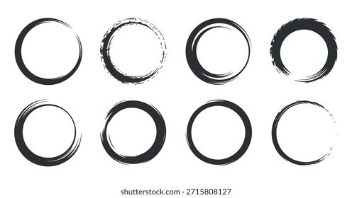 Eight unique black brush stroke circles create an artistic and textured visual element, perfect for design.