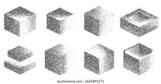 Eight unique geometric shapes on a plain background showcase shading techniques and perspectives. Ideal for design inspiration, educational materials, and artistic projects involving 3D forms.
