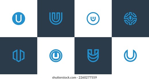 Eight Unique Letter U Logo Designs, Modern and Minimalist Style, Perfect for Branding and Corporate Identity, Blue Color Theme and Scalable Vector Format.