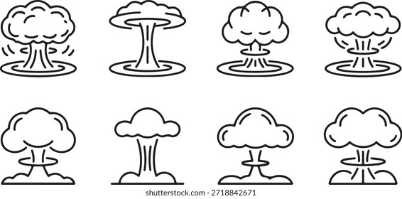 Ocho ilustraciones de contorno únicas muestran diferentes nubes de setas estilizadas, cada una variando en forma y grosor de línea, colocadas sobre un fondo limpio y transparente, ofreciendo simplicidad.