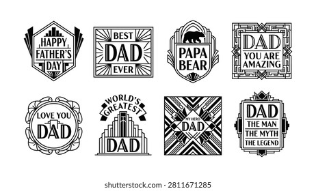 Eight unique vintagestyle badges featuring Fathers Day messages and artistic designs on transparent backgrounds
