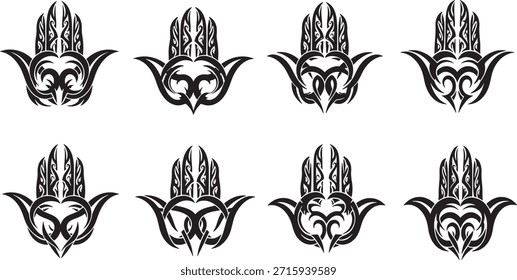 Ocho variaciones del símbolo de la mano de Hamsa reimaginadas en un estilo de tatuaje tribal con intrincados detalles simétricos negros.