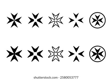 Eight variations of a Maltese Cross symbol.