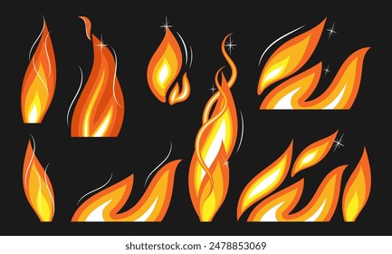 Eight varieties of flames with sparks. Black background. Set of vector illustrations