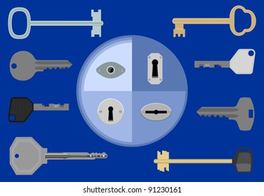 Eight various keys and four different keyholes on blue