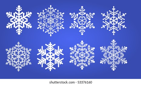 Eight various snowflakes on a blue background. Vector illustration.