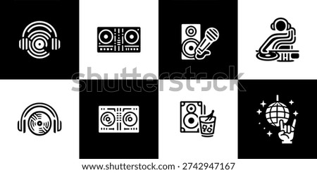 Eight vector glyph icons depicting music production, sound equipment, DJ performance, and nightclub elements like headphones, mixers, speakers, and a disco ball.