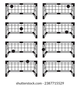 Eight vector gray football net goals with black clutches and ball on white background.