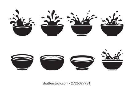 Ocho Ilustraciones vectoriales de líquido salpicando o derramando de los tazones que representan la sopa, el agua o los ingredientes en movimiento.