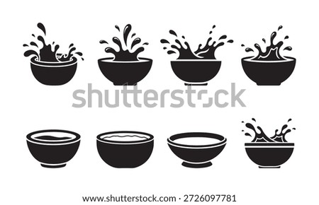 Eight vector illustrations of liquid splashing or spilling from bowls representing soup, water, or ingredients in motion.