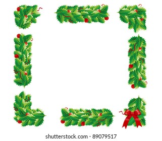 Eight vector parts for Border with green holly's leaves