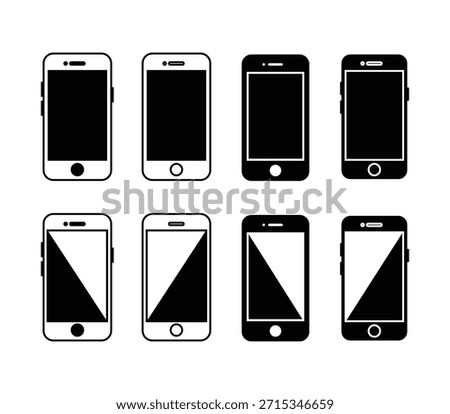 Eight vector smartphones with a black and white diagonal screen split mobile phone diagonal split