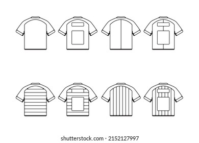 Eight Vector Sport Outline Icons Of Blank Soccer Jerseys With Short Sleeves, Name Tag And Place For Number On White Background. The Back Of A Football Shirt.