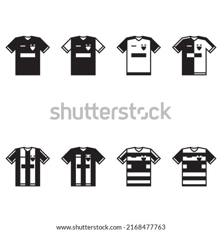 Eight vector template icons of black soccer jerseys with short sleeves, stripes, logo, rectangles on a white background. Football illustrations.