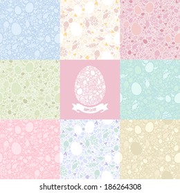 Eight Versions Easter Seamless Pattern in Pastel Shades. Easter symbols Shapes. Five editable additional versions pattern in swatches.