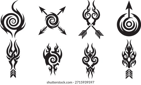 Ocho diseños tribales de Vertical con flechas estilizadas, lanzas y motivos de llama en un estilo de Vector negro audaz.