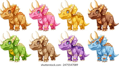 Ocho vibrantes dinosaurios de dibujos animados en varios colores