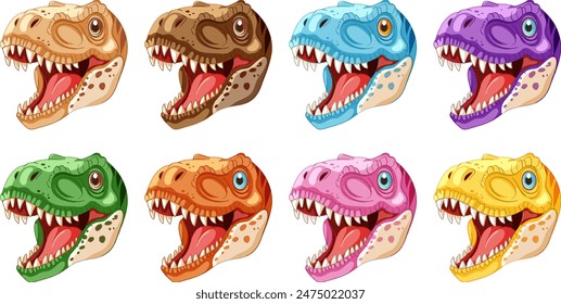 Eight vibrant dinosaur heads in various colors