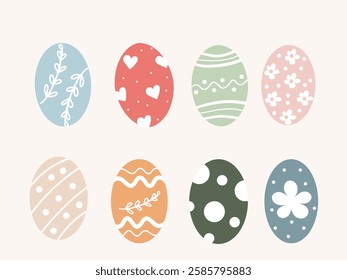 Eight vibrant Easter eggs featuring unique patterns including floral designs, hearts, and stripes are arranged neatly against a light pastel background.