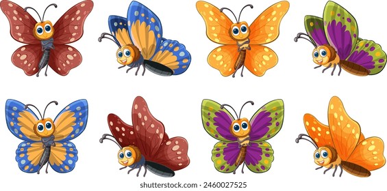 Eight vibrant, illustrated butterflies in various poses