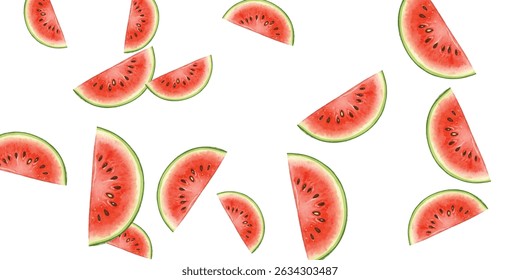 Eight vibrant watermelon slices scattered on a white background, perfect for summer designs, healthy eating, and fresh themes.