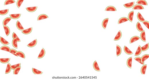 Eight vibrant watermelon slices scattered on a white background, perfect for summer designs, healthy eating, and fresh themes.