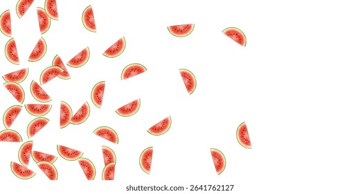 Eight vibrant watermelon slices scattered on a white background, perfect for summer designs, healthy eating, and fresh themes.