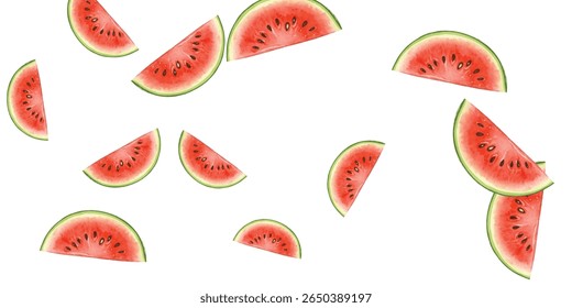 Eight vibrant watermelon slices scattered on a white background, perfect for summer designs, healthy eating, and fresh themes.