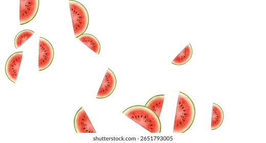 Eight vibrant watermelon slices scattered on a white background, perfect for summer designs, healthy eating, and fresh themes.