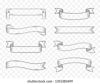 Eight vintage handdrawn ribbon banners on transparent background, vector eps10 illustration