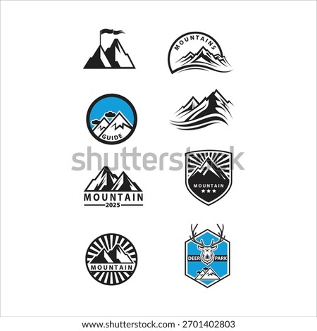 Eight vintage style mountain camping and outdoor expedition logo designs