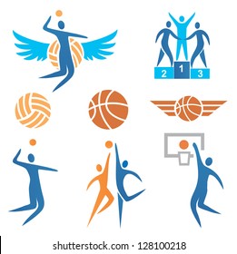 Eight Volleyball and Basketball, handball Icons. Vector illustration.