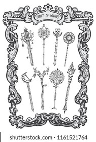 Eight of wands. Minor Arcana tarot card. The Magic Gate deck. Fantasy engraved vector illustration with occult mysterious symbols and esoteric concept