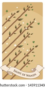 Eight of wands. Tarot cards. Eight rods in the air, surrounded by leaves, clovers and flowers