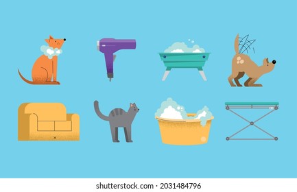 eight washing pets set icons