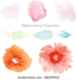 Ocho texturas acuarelas y vectores de elementos, 2 flor abstracta, 3 hojas abstractas y 3 texturas acuosas. Cada elemento agrupado y aislado en blanco. 