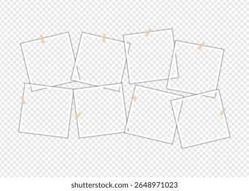 Eight white blank square frames are held together with tape on a transparent background