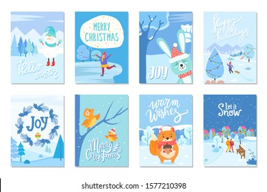 Eight winter postcards that greeting with xmas. Captions that wishing happy winter holidays, merry christmas and joy. Snowman and birds, squirrel and hare, people on cards. Vector illustration in flat