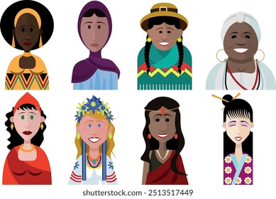 ocho mujeres de diferentes grupos étnicos, creencias y nacionalidades: hindú, gitana, africana, andina, eslava, oriental, musulmana y brasileña Candomblé