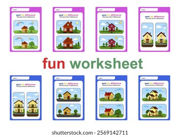 Eight worksheets for kindergarten children about finding the difference between two almost identical pictures, here children can learn to focus but still be fun for them.