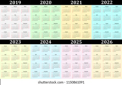 Eight year vector calendar - 2019, 2020, 2021, 2022, 2023, 2024, 2025 and 2026 in colorful backgrounds.