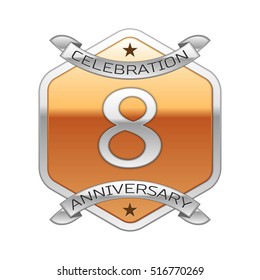 Eight years anniversary celebration silver logo with silver ribbon and golden hexagonal ornament on white background.