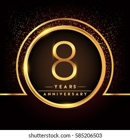 eight years birthday celebration logotype. 8th anniversary logo with confetti and golden ring isolated on black background, vector design for greeting card and invitation card.