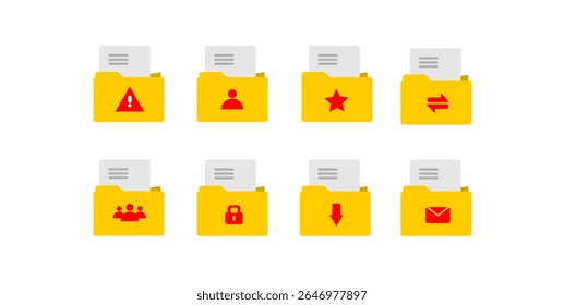 Eight yellow folders, each with a different red icon and a document sticking out.