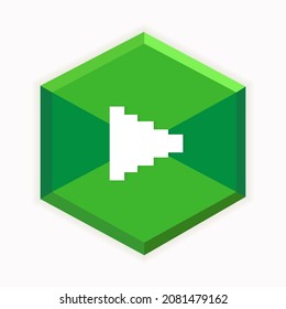 Eight-bit pixel play button. Hexagon green play button in pixel video game style. Vector illustration 