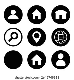 Eighteen black circular icons each containing a white symbol are arranged in three rows of six on a white background The symbols include user profile home building search location and globe