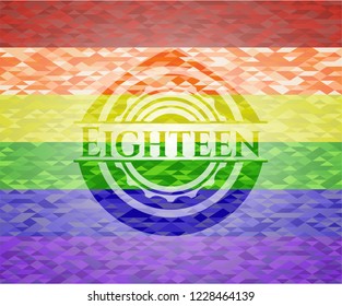 Eighteen emblem on mosaic background with the colors of the LGBT flag