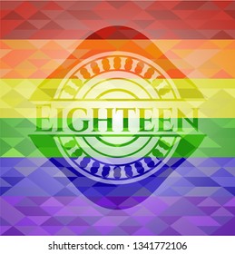 Eighteen emblem on mosaic background with the colors of the LGBT flag