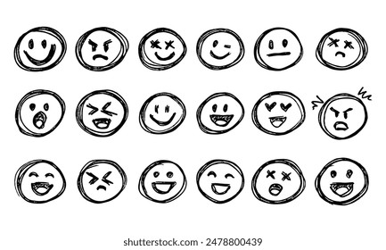 Achtzehn handgeschriebene Emojis. Verschiedene Emotionen. Kritzeleien und Schnörkel. Vektorgrafik