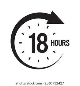 Eighteen hours icon. Black circular arrow. Countdown timer graphic. Vector clock symbol.